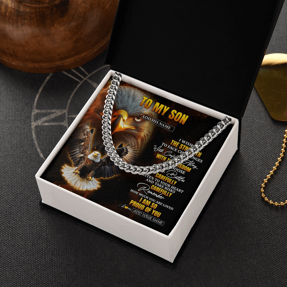 Cuban Link Chain Necklace Stainless Steel | 2 | Personalized To My Son Gifts Necklace From Mom Dad Father I Wish You The Strength Eagle Son Birthday Gifts Christmas Graduation Custom Gift Box Message Card | https://siriusteestore.