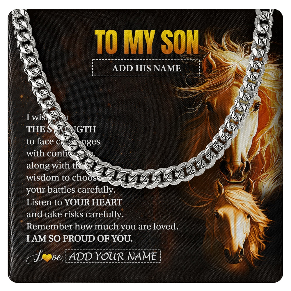 Cuban Link Chain Necklace Stainless Steel | 1 | Personalized To My Son Gifts Necklace From Mom Dad Father I Wish You The Strength Horse Son Birthday Gifts Christmas Graduation Custom Gift Box Message Card | https://siriusteestore.