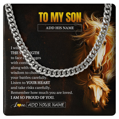 Cuban Link Chain Necklace Stainless Steel | 1 | Personalized To My Son Gifts Necklace From Mom Dad Father I Wish You The Strength Horse Son Birthday Gifts Christmas Graduation Custom Gift Box Message Card | https://siriusteestore.
