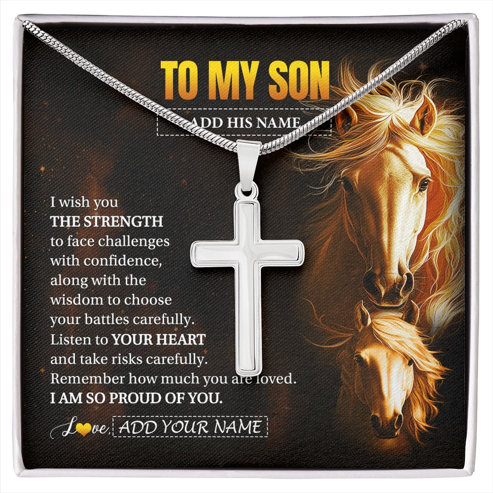 Stainless Cross Necklace Stainless Steel | 1 | Personalized To My Son Gifts Necklace From Mom Dad Father I Wish You The Strength Horse Son Birthday Gifts Christmas Graduation Custom Gift Box Message Card | https://siriusteestore.
