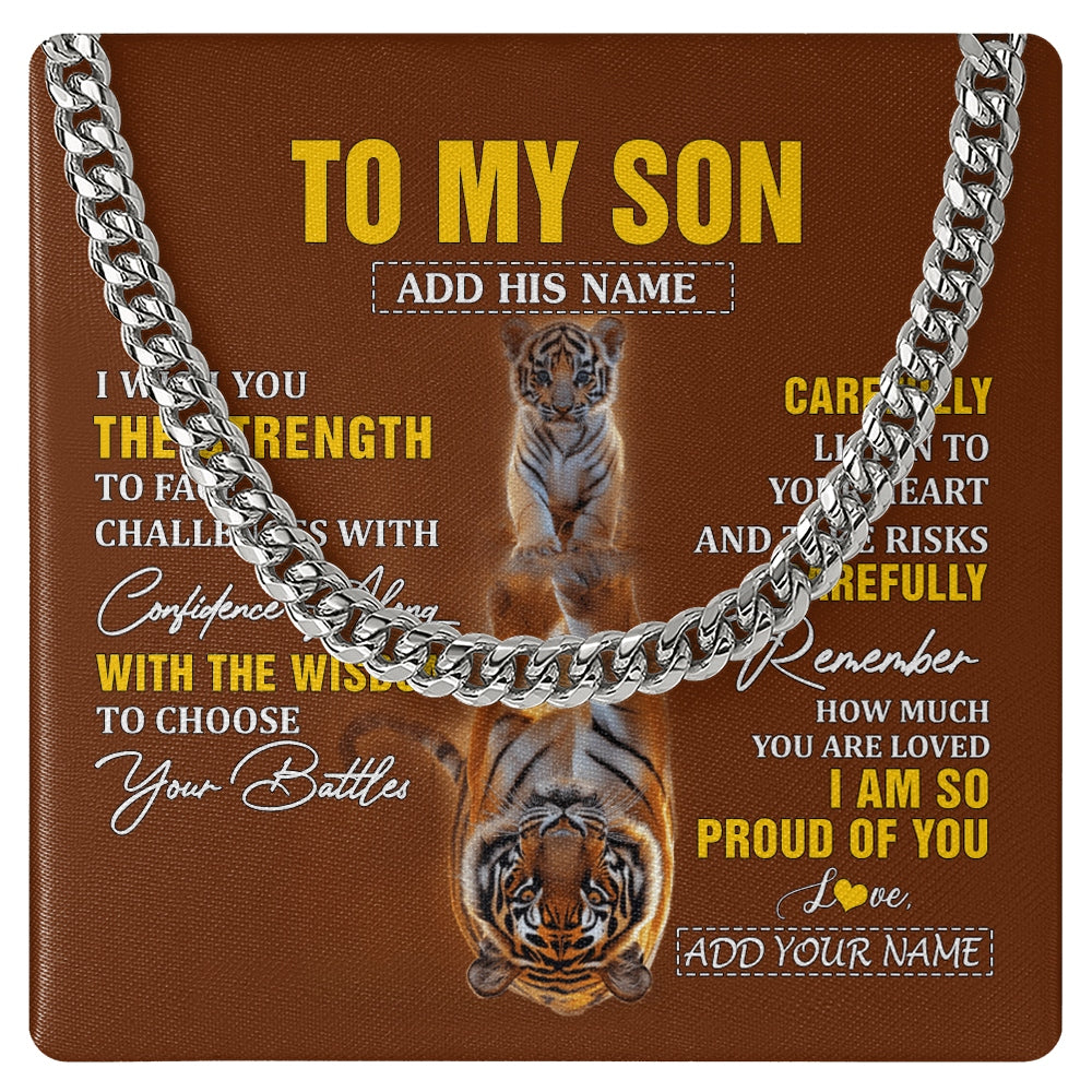 Cuban Link Chain Necklace Stainless Steel | 1 | Personalized To My Son Gifts Necklace From Mom Dad Father I Wish You The Strength Tiger Son Birthday Gifts Christmas Graduation Custom Gift Box Message Card | https://siriusteestore.