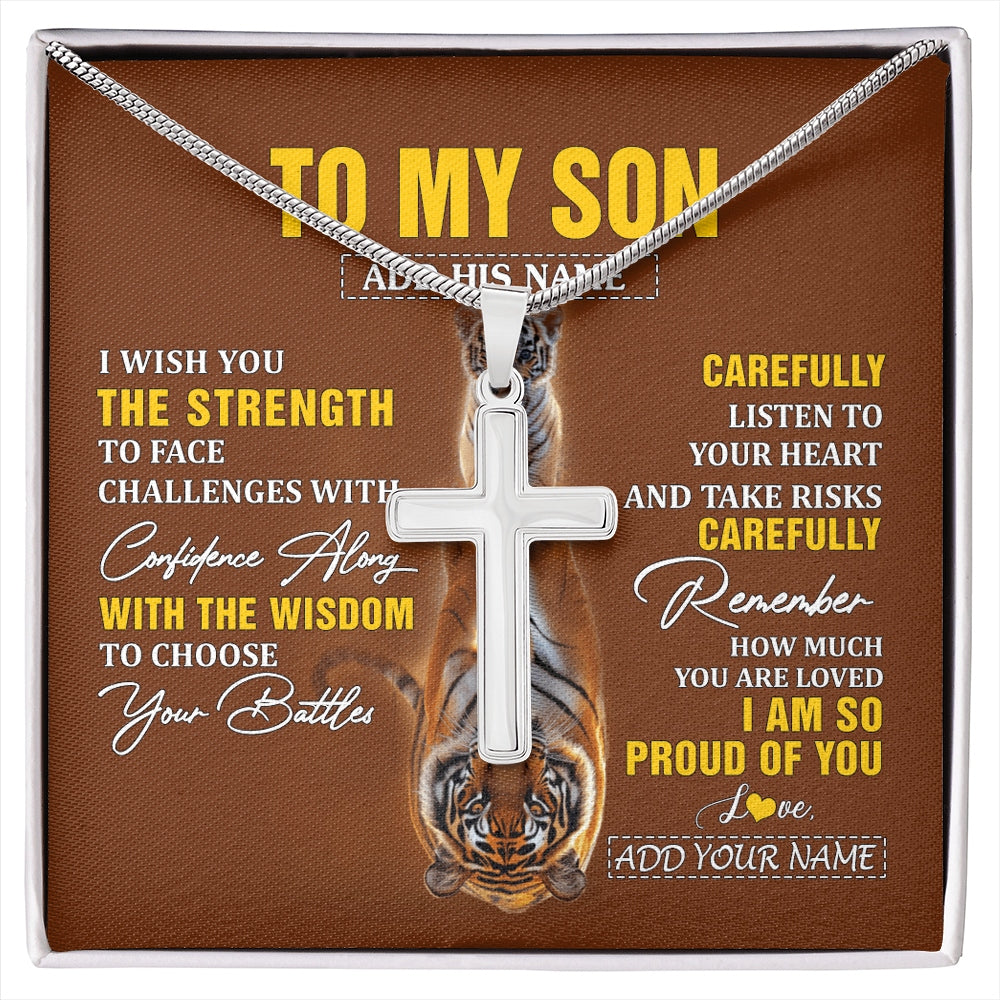 Stainless Cross Necklace Stainless Steel | 1 | Personalized To My Son Gifts Necklace From Mom Dad Father I Wish You The Strength Tiger Son Birthday Gifts Christmas Graduation Custom Gift Box Message Card | https://siriusteestore.