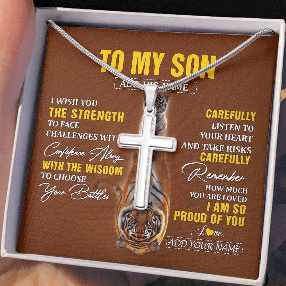 Stainless Cross Necklace Stainless Steel | 2 | Personalized To My Son Gifts Necklace From Mom Dad Father I Wish You The Strength Tiger Son Birthday Gifts Christmas Graduation Custom Gift Box Message Card | https://siriusteestore.