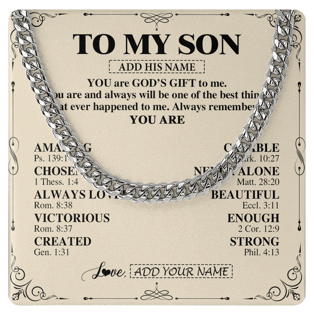 Cuban Link Chain Necklace Stainless Steel | 1 | Personalized To My Son Gifts Necklace From Mom Dad Father Mother You Are God's Gift To Me Son Birthday Gifts Christmas Christian Custom Gift Box Message Card | https://siriusteestore.