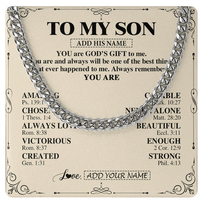 Cuban Link Chain Necklace Stainless Steel | 1 | Personalized To My Son Gifts Necklace From Mom Dad Father Mother You Are God's Gift To Me Son Birthday Gifts Christmas Christian Custom Gift Box Message Card | https://siriusteestore.