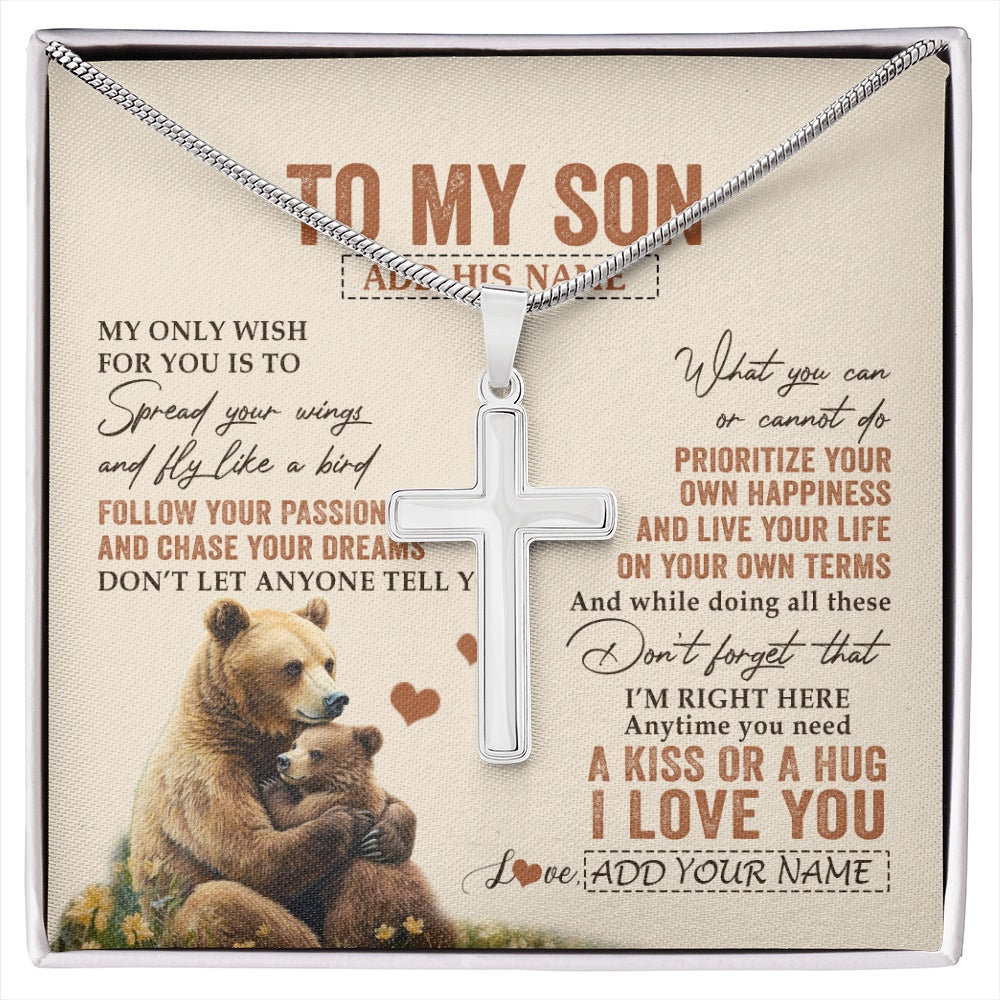 Stainless Cross Necklace Stainless Steel | 1 | Personalized To My Son Gifts Necklace From Mom Dad Mother Bear My Only Wish For You Son Birthday Gifts Graduation Christmas Custom Gift Box Message Card | siriusteestore.myshopify