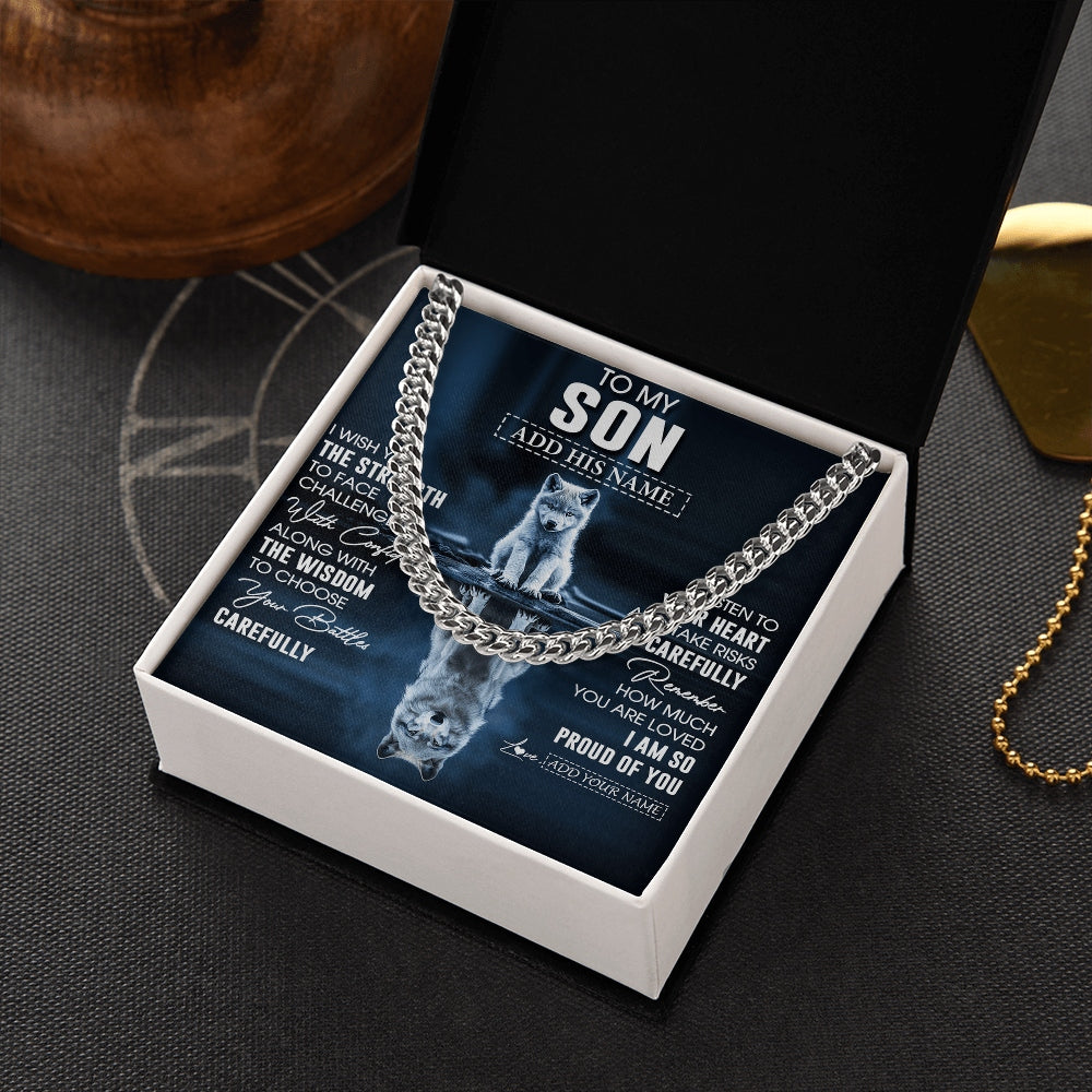 Cuban Link Chain Necklace Stainless Steel | 2 | Personalized To My Son Gifts Necklace From Mom Dad Mother Father I Wish You The Strength Wolf Son Birthday Gifts Christmas Graduation Gift Box Message Card | https://siriusteestore.