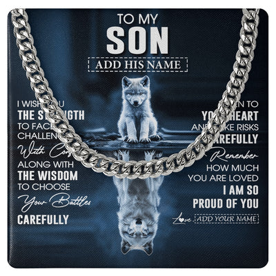 Cuban Link Chain Necklace Stainless Steel | 1 | Personalized To My Son Gifts Necklace From Mom Dad Mother Father I Wish You The Strength Wolf Son Birthday Gifts Christmas Graduation Gift Box Message Card | https://siriusteestore.
