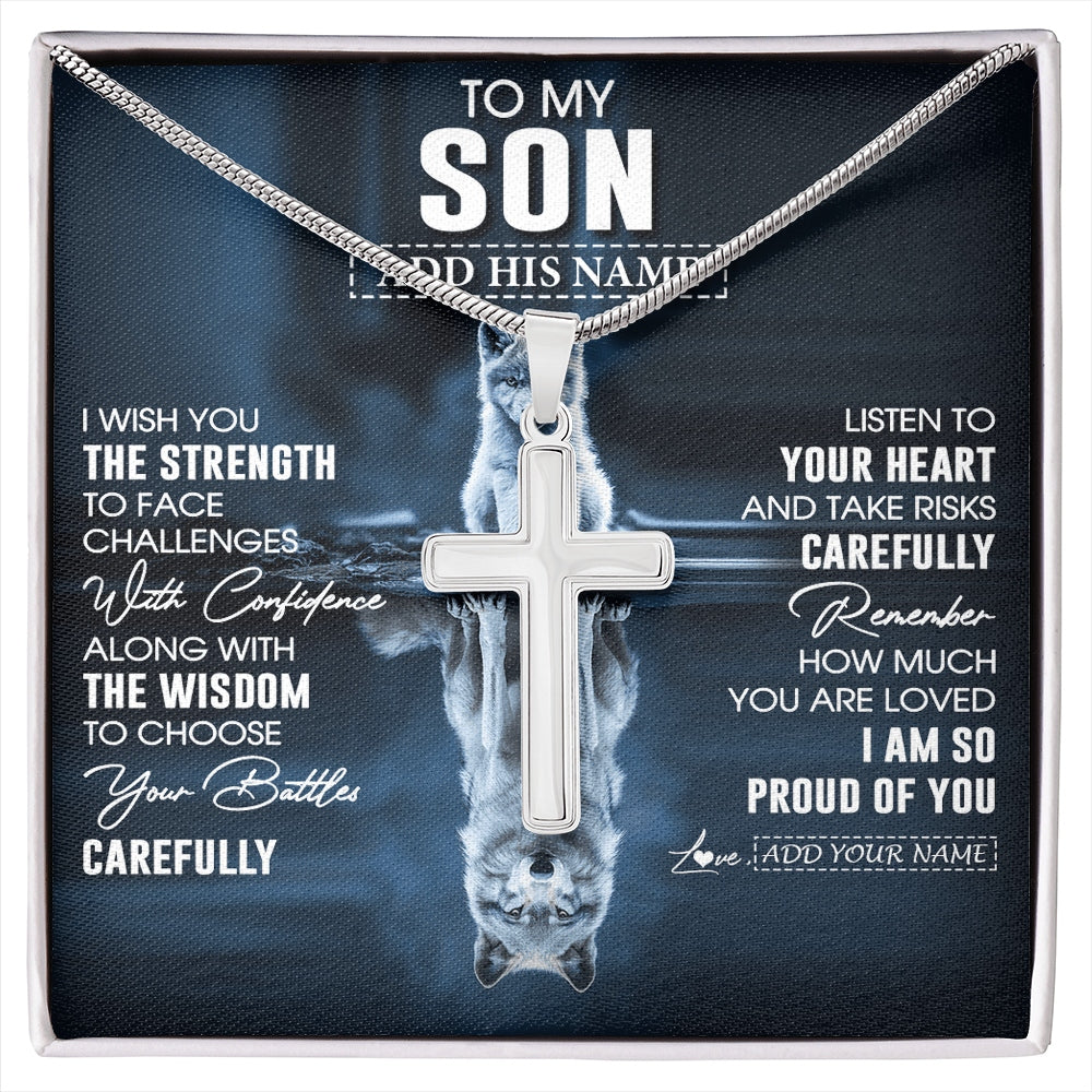 Stainless Cross Necklace Stainless Steel | 1 | Personalized To My Son Gifts Necklace From Mom Dad Mother Father I Wish You The Strength Wolf Son Birthday Gifts Christmas Graduation Gift Box Message Card | https://siriusteestore.
