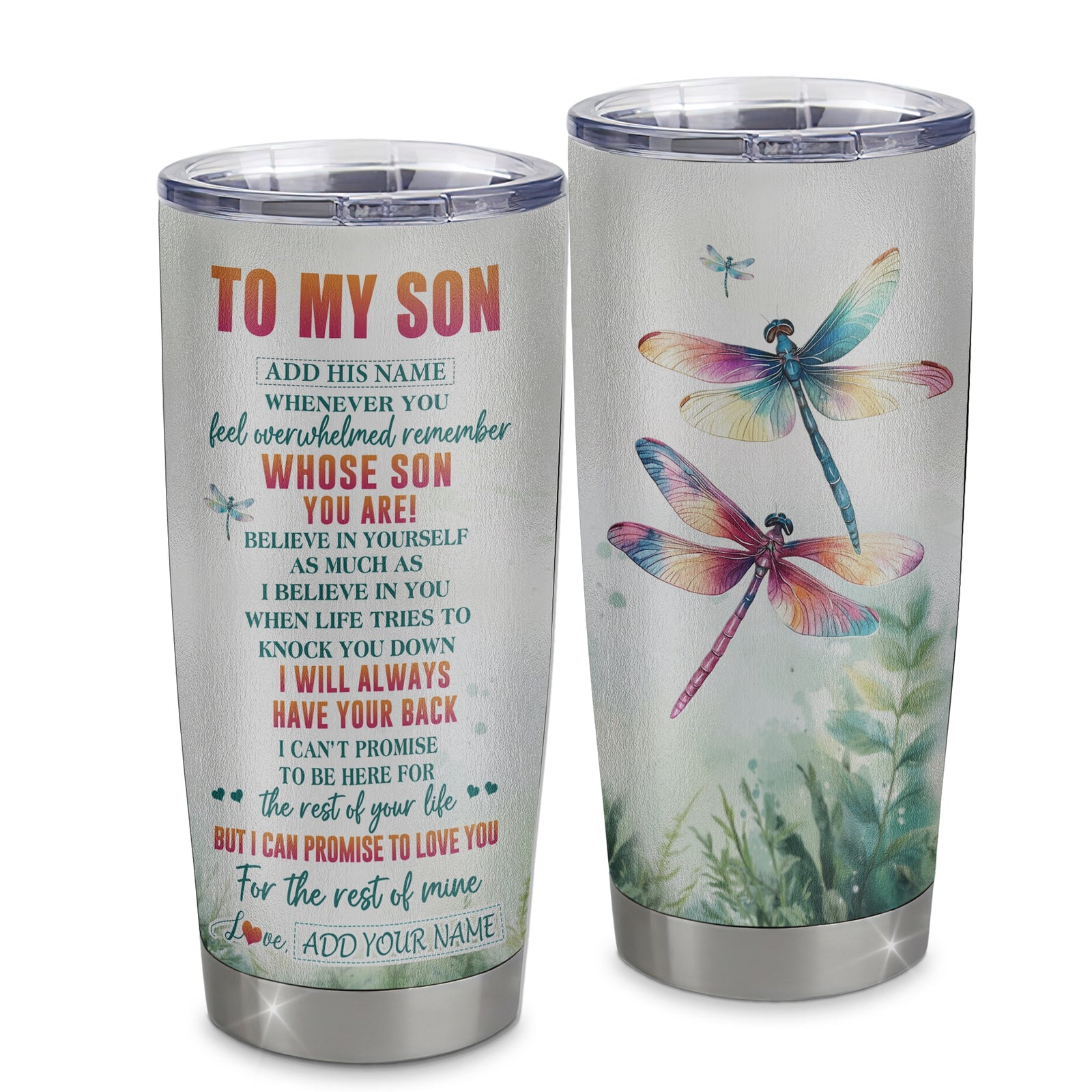Personalized To My Son Gifts Tumbler From Mom Dad Mother Father Whenever You Feel Dragonfly Son Birthday Gifts Graduation Christmas Custom Stainless Steel Travel Mug | siriusteestore