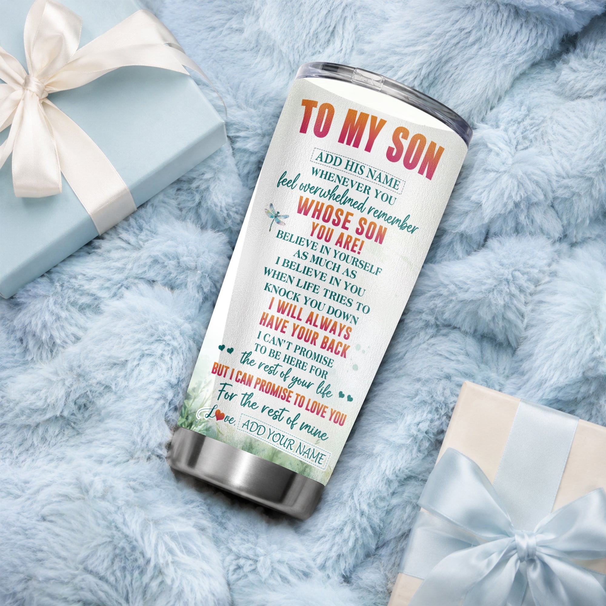 Personalized To My Son Gifts Tumbler From Mom Dad Mother Father Whenever You Feel Dragonfly Son Birthday Gifts Graduation Christmas Custom Stainless Steel Travel Mug | siriusteestore