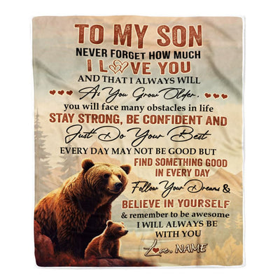Personalized To My Son I Love You Forever Blanket From Mom Dad Mother Bear Son Birthday Gifts Graduation Christmas Customized Bed Fleece Throw Blanket | siriusteestore