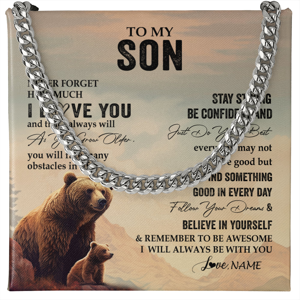 Cuban Link Chain Necklace Stainless Steel | 1 | Personalized To My Son I Love You Forever Necklace From Mom Dad Mother Father Bear Son Birthday Gifts Graduation Christmas Customized Gift Box Message Card | siriusteestore