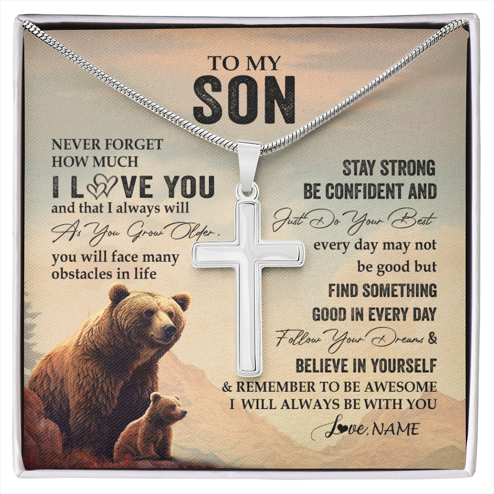 Stainless Cross Necklace Stainless Steel | 1 | Personalized To My Son I Love You Forever Necklace From Mom Dad Mother Father Bear Son Birthday Gifts Graduation Christmas Customized Gift Box Message Card | siriusteestore