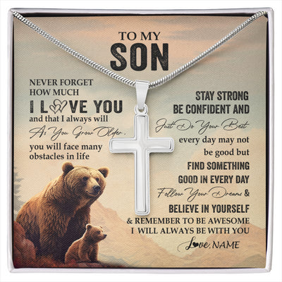 Stainless Cross Necklace Stainless Steel | 1 | Personalized To My Son I Love You Forever Necklace From Mom Dad Mother Father Bear Son Birthday Gifts Graduation Christmas Customized Gift Box Message Card | siriusteestore