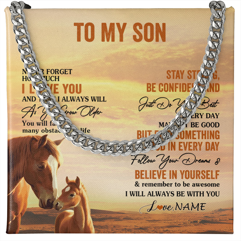 Cuban Link Chain Necklace Stainless Steel | 1 | Personalized To My Son I Love You Forever Necklace From Mom Dad Mother Father Horse Son Birthday Gifts Graduation Christmas Customized Gift Box Message Card | siriusteestore