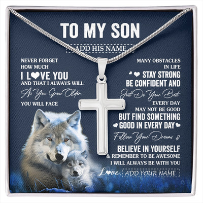 Stainless Cross Necklace Stainless Steel | 1 | Personalized To My Son I Love You Forever Necklace From Mom Dad Mother Father Wolf Son Birthday Gifts Graduation Christmas Customized Gift Box Message Card | siriusteestore.myshopify