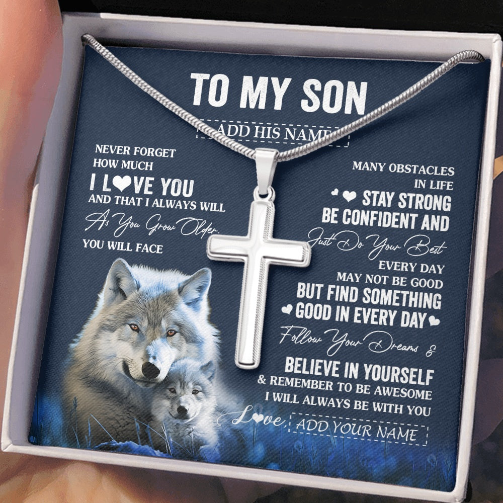 Stainless Cross Necklace Stainless Steel | 2 | Personalized To My Son I Love You Forever Necklace From Mom Dad Mother Father Wolf Son Birthday Gifts Graduation Christmas Customized Gift Box Message Card | siriusteestore.myshopify
