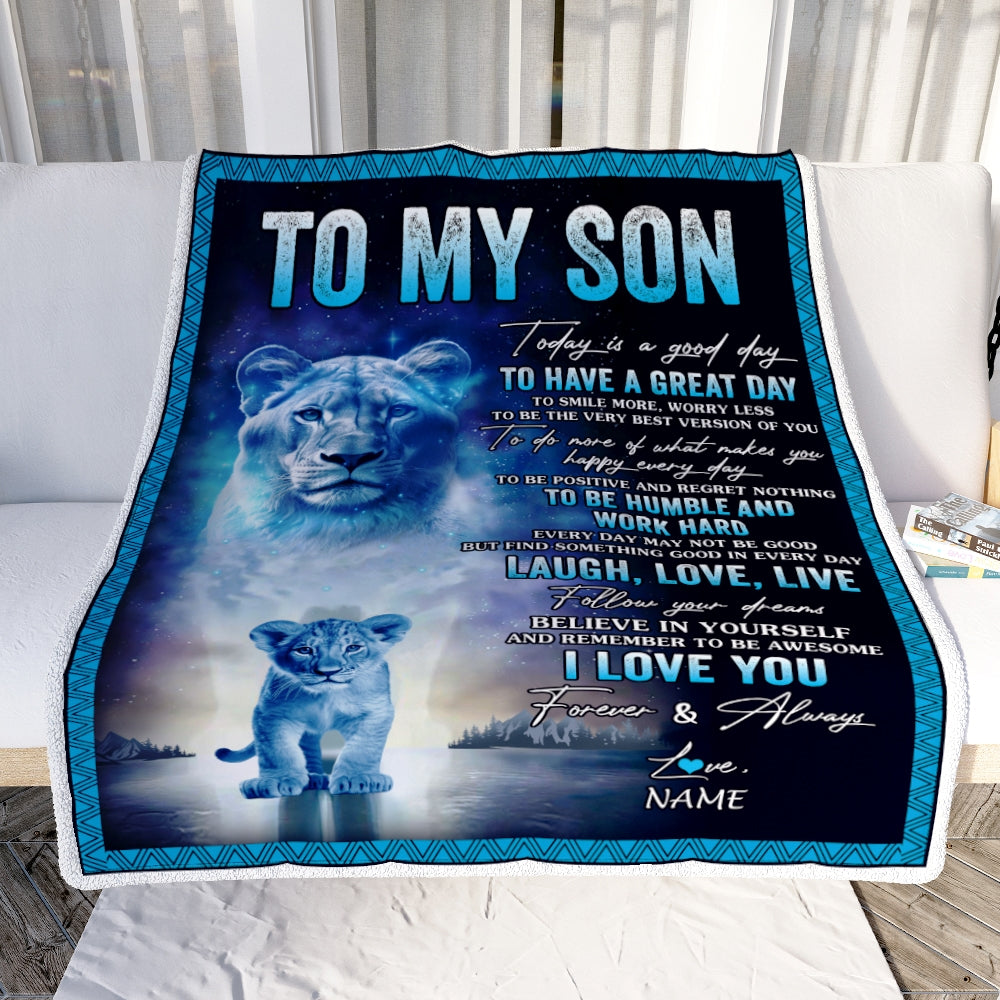 Personalized To My Son Lion Blanket From Mom Mother Every Day Laugh Love Live Son Birthday Graduation Christmas Customized Bed Fleece Throw Blanket | siriusteestore