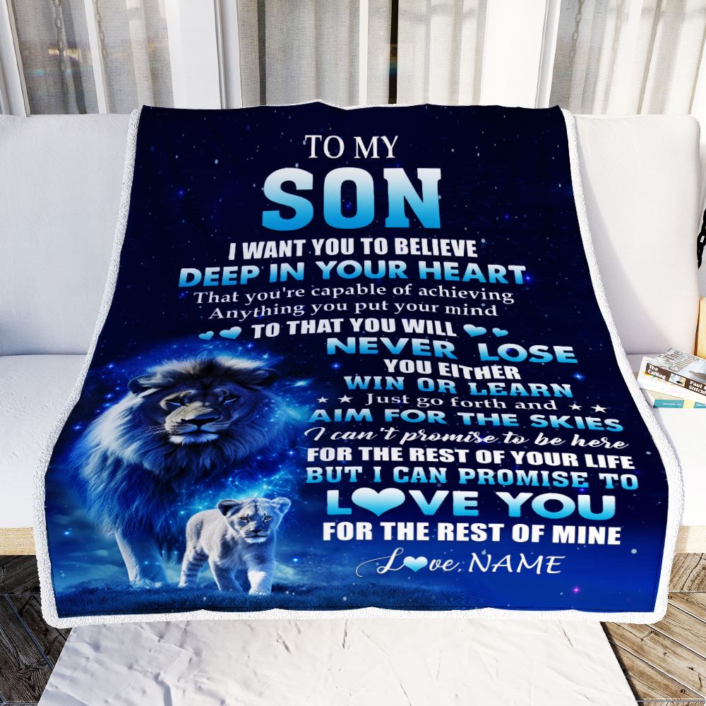 Personalized To My Son Lion From Dad Father Blanket Believe Your Heart Son Gift Birthday Graduation Christmas Custom Customized Fleece Throw Blanket | siriusteestore