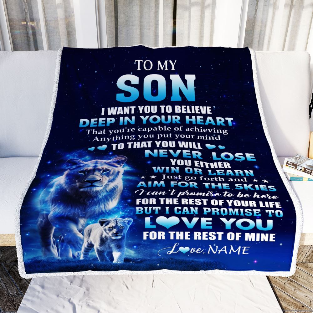 Personalized To My Son Lion From Mom Mother Blanket Believe Your Heart Son Gift Birthday Graduation Christmas Custom Customized Fleece Throw Blanket | siriusteestore