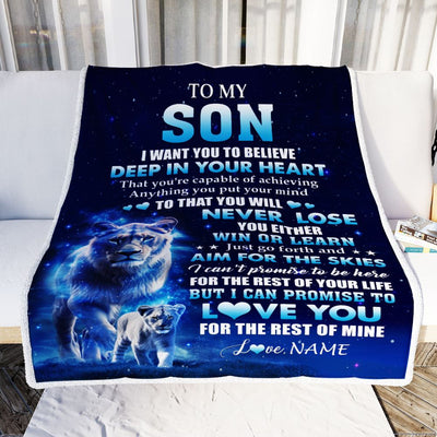 Personalized To My Son Lion From Mom Mother Blanket Believe Your Heart Son Gift Birthday Graduation Christmas Custom Customized Fleece Throw Blanket | siriusteestore
