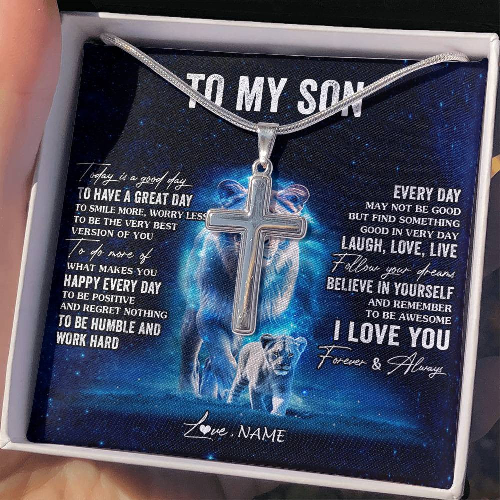Stainless Cross Necklace Stainless Steel | 2 | Personalized To My Son Lion Necklace From Dad Father Today Is A Good Day Son Gifts Birthday Graduation Christmas Customized Gift Box Message Card | siriusteestore
