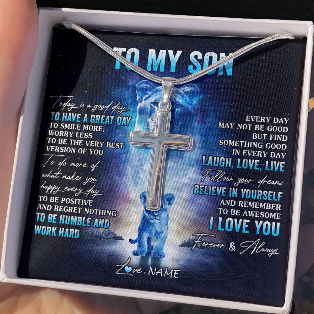 Stainless Cross Necklace Stainless Steel | 2 | Personalized To My Son Lion Necklace From Mom Mother Every Day Laugh Love Live Son Birthday Graduation Christmas Jewelry Customized Gift Box Message Card | siriusteestore