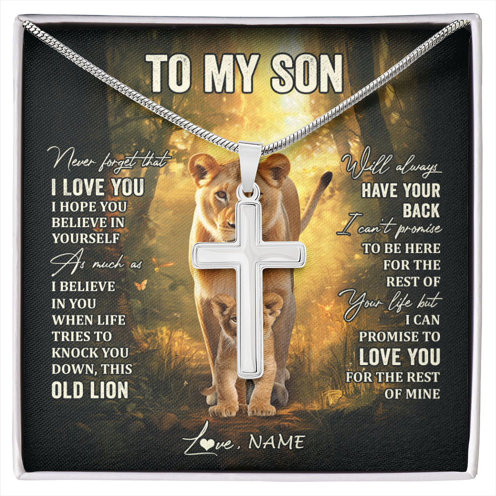 Stainless Cross Necklace Stainless Steel | 1 | Personalized To My Son Lion Necklace From Mom Mother Never Forget That I Love You Son Birthday Gifts Graduation Christmas Customized Gift Box Message Card | siriusteestore
