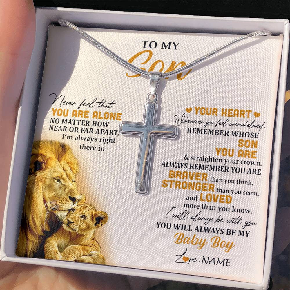 Stainless Cross Necklace Stainless Steel | 2 | Personalized To My Son Necklace From Dad Father Lion Never Feel That You Are Alone Great Son Birthday Christmas Customized Gift Box Message Card | siriusteestore