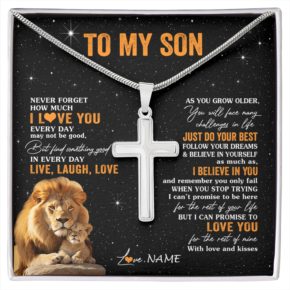 Stainless Cross Necklace Stainless Steel | 1 | Personalized To My Son Necklace From Dad Father Live Laugh Love Lion Son Birthday Gifts Positive Graduation Christmas Customized Gift Box Message Card | siriusteestore