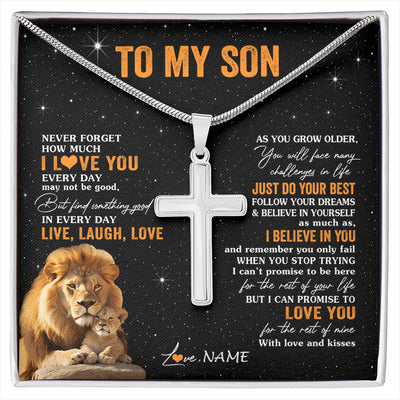 Stainless Cross Necklace Stainless Steel | 1 | Personalized To My Son Necklace From Dad Father Live Laugh Love Lion Son Birthday Gifts Positive Graduation Christmas Customized Gift Box Message Card | siriusteestore