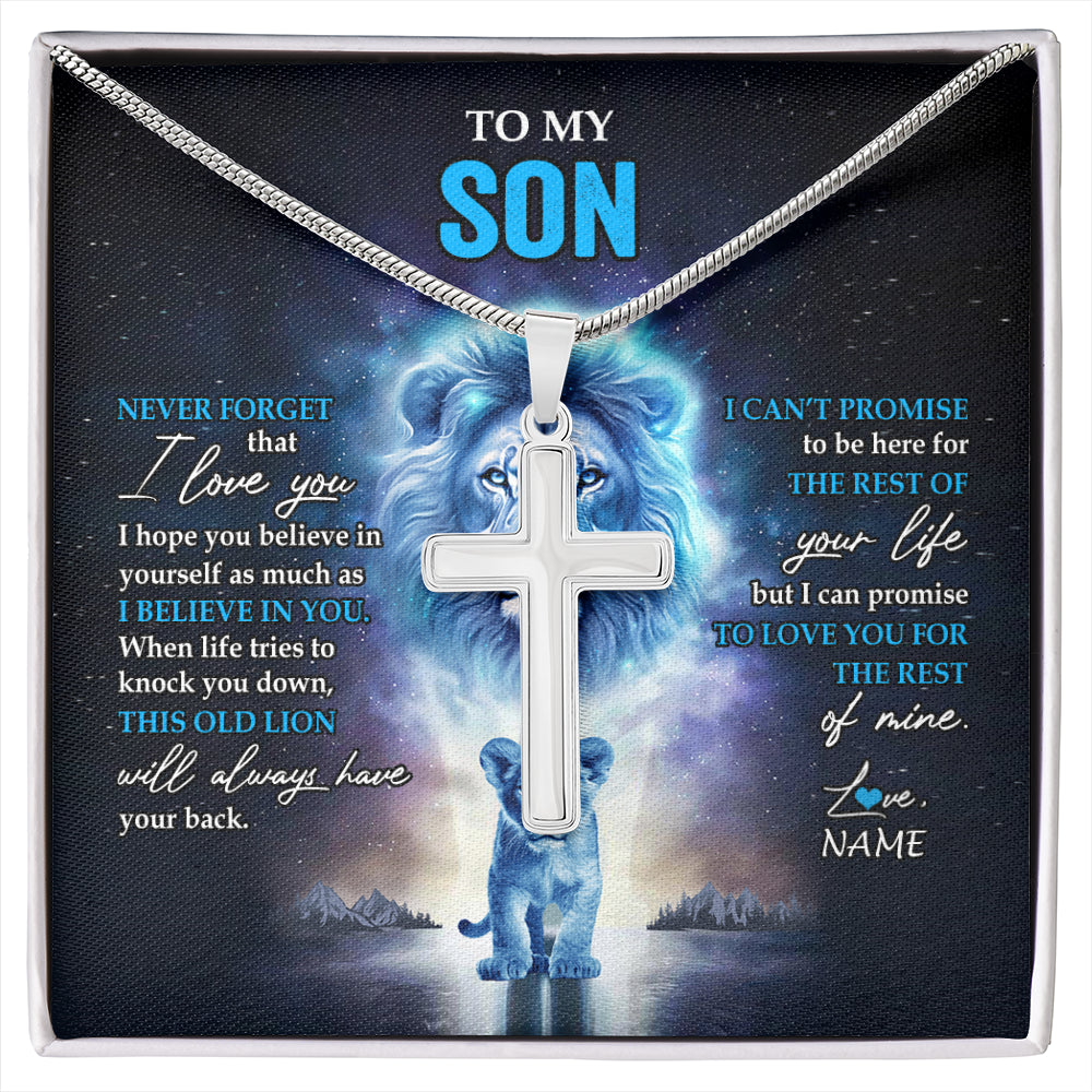 Stainless Cross Necklace Stainless Steel | 1 | Personalized To My Son Necklace From Dad Father Never Forget I Love You Lion Son Jewelry Birthday Graduation Christmas Customized Message Card | siriusteestore