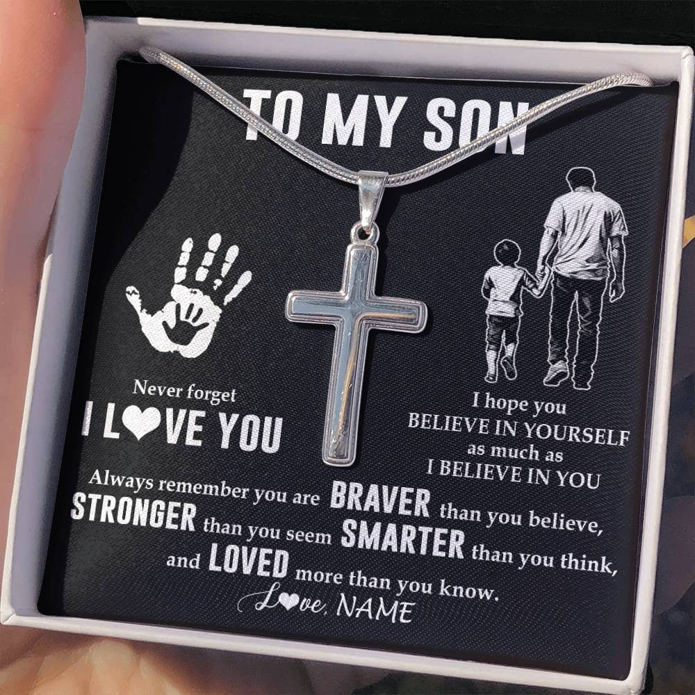 Stainless Cross Necklace Stainless Steel | 2 | Personalized To My Son Necklace From Dad Father Never Forget I Love You Son Birthday Gifts Christmas New Year Graduation Customized Gift Box Message Card | siriusteestore
