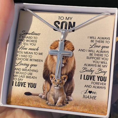 Stainless Cross Necklace Stainless Steel | 2 | Personalized To My Son Necklace From Dad Father Sometimes It's Hard Lion Son Gift Birthday Jewelry Graduation Christmas Customized Gift Box Message Card | siriusteestore
