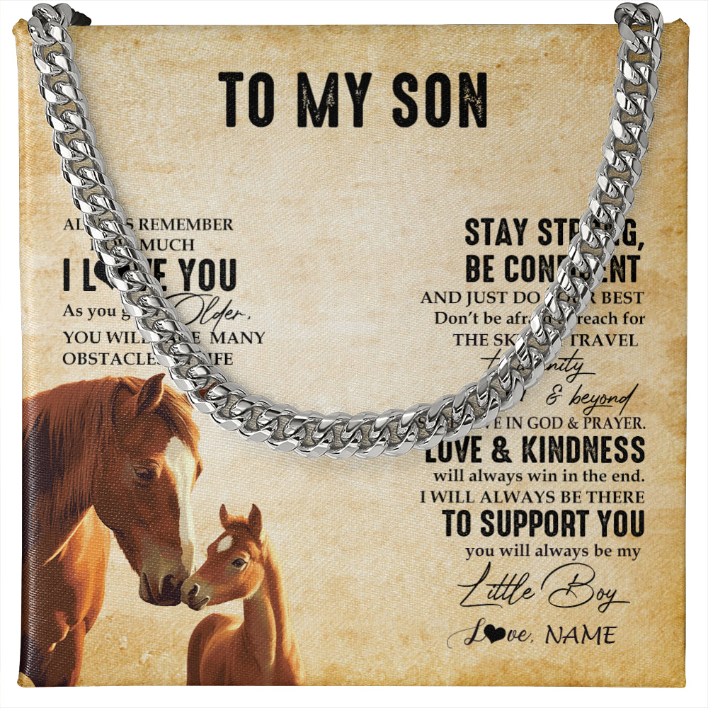 Cuban Link Chain Necklace Stainless Steel | 1 | Personalized To My Son Necklace From Mom Dad Mother Father Always Remember I Love You Horse Son Birthday Graduation Christmas Customized Gift Box Message Card | siriusteestore