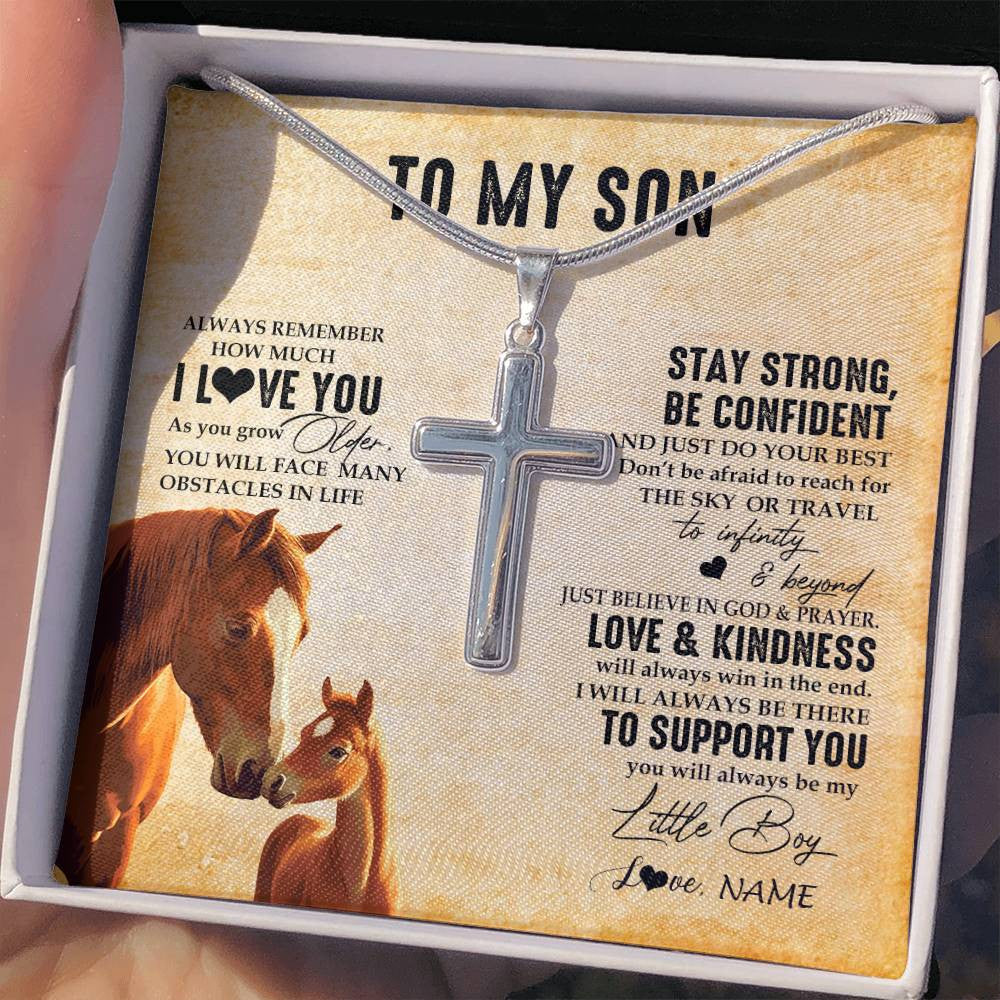 Stainless Cross Necklace Stainless Steel | 2 | Personalized To My Son Necklace From Mom Dad Mother Father Always Remember I Love You Horse Son Birthday Graduation Christmas Customized Gift Box Message Card | siriusteestore
