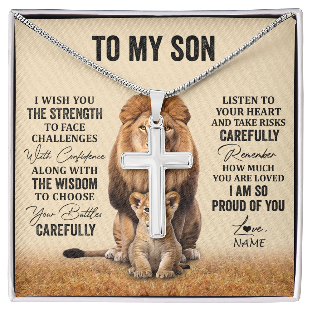 Stainless Cross Necklace Stainless Steel | 1 | Personalized To My Son Necklace From Mom Dad Mother Father I Wish You The Strength Lion Son Birthday Graduation Christmas Customized Gift Box Message Card | siriusteestore