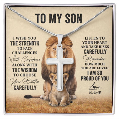 Stainless Cross Necklace Stainless Steel | 1 | Personalized To My Son Necklace From Mom Dad Mother Father I Wish You The Strength Lion Son Birthday Graduation Christmas Customized Gift Box Message Card | siriusteestore