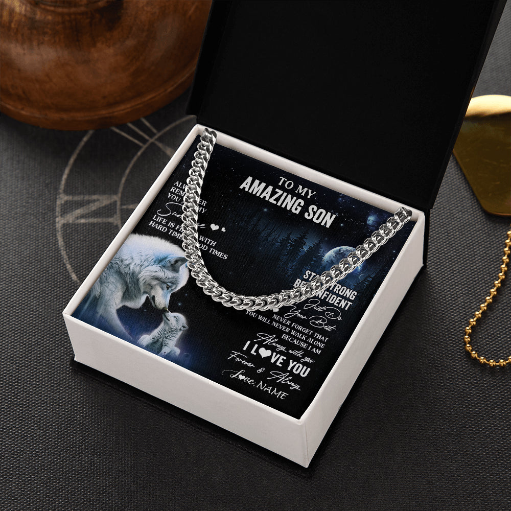 Cuban Link Chain Necklace Stainless Steel | 2 | Personalized To My Son Necklace From Mom Dad Mother Father Moon Wolf Son Birthday Gifts Graduation Christmas Customized Gift Box Message Card | siriusteestore