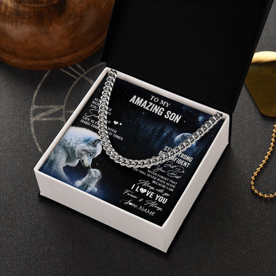 Cuban Link Chain Necklace Stainless Steel | 2 | Personalized To My Son Necklace From Mom Dad Mother Father Moon Wolf Son Birthday Gifts Graduation Christmas Customized Gift Box Message Card | siriusteestore