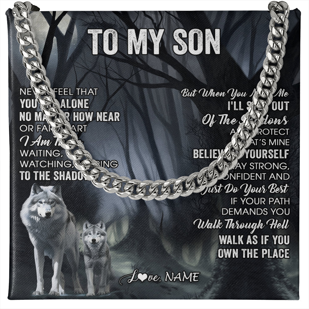 Cuban Link Chain Necklace Stainless Steel | 1 | Personalized To My Son Necklace From Mom Dad Mother Father Never Feel That You Are Alone Wolf Son Birthday Gifts Christmas Customized Gift Box Message Card | siriusteestore
