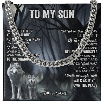 Cuban Link Chain Necklace Stainless Steel | 1 | Personalized To My Son Necklace From Mom Dad Mother Father Never Feel That You Are Alone Wolf Son Birthday Gifts Christmas Customized Gift Box Message Card | siriusteestore