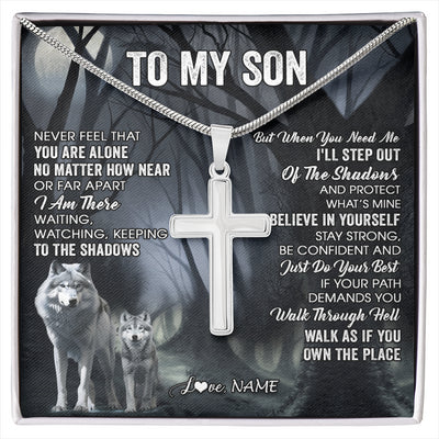 Stainless Cross Necklace Stainless Steel | 1 | Personalized To My Son Necklace From Mom Dad Mother Father Never Feel That You Are Alone Wolf Son Birthday Gifts Christmas Customized Gift Box Message Card | siriusteestore