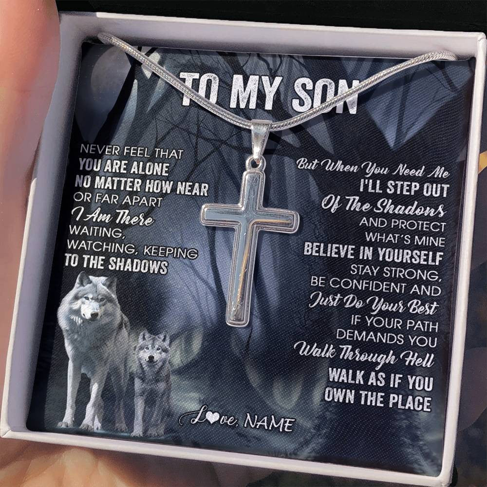 Stainless Cross Necklace Stainless Steel | 2 | Personalized To My Son Necklace From Mom Dad Mother Father Never Feel That You Are Alone Wolf Son Birthday Gifts Christmas Customized Gift Box Message Card | siriusteestore