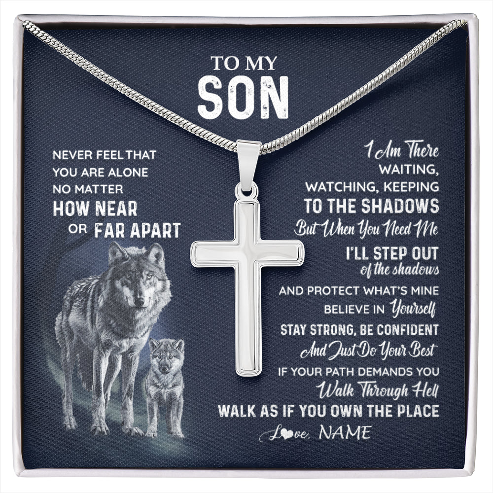 Stainless Cross Necklace Stainless Steel | 1 | Personalized To My Son Necklace From Mom Dad Mother Father Never Feel You Are Alone Wolf Son Birthday Graduation Christmas Customized Gift Box Message Card | siriusteestore