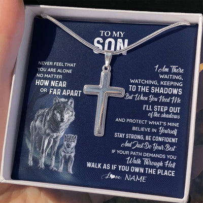 Stainless Cross Necklace Stainless Steel | 2 | Personalized To My Son Necklace From Mom Dad Mother Father Never Feel You Are Alone Wolf Son Birthday Graduation Christmas Customized Gift Box Message Card | siriusteestore