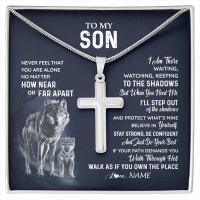 Stainless Cross Necklace Stainless Steel | 1 | Personalized To My Son Necklace From Mom Dad Mother Father Never Feel You Are Alone Wolf Son Birthday Graduation Christmas Customized Gift Box Message Card | siriusteestore