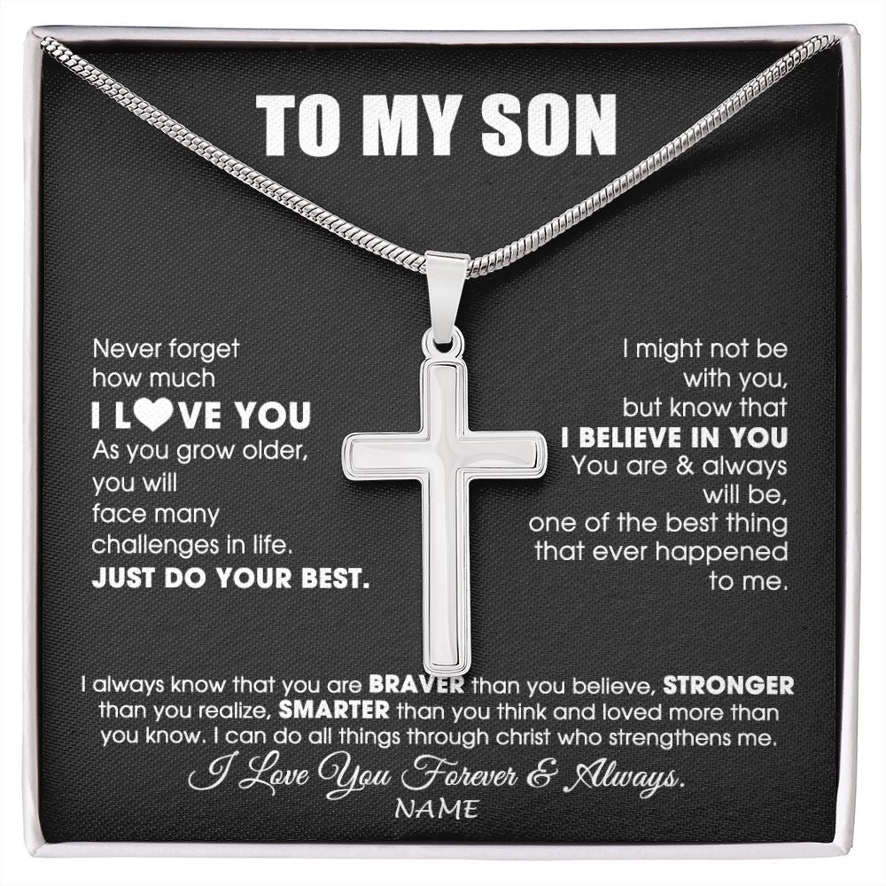Stainless Cross Necklace | Personalized To My Son Necklace From Mom Dad Mother Father Smarter Than You Think Son Birthday Christmas Customized Gift Box Message Card | siriusteestore