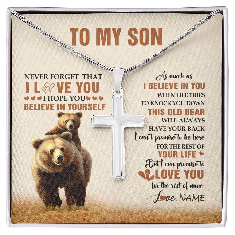 Stainless Cross Necklace Stainless Steel | 1 | Personalized To My Son Necklace From Mom Dad Mother Father This Old Bear Love You Son Birthday Gifts Graduation Christmas Customized Gift Box Message Card | siriusteestore